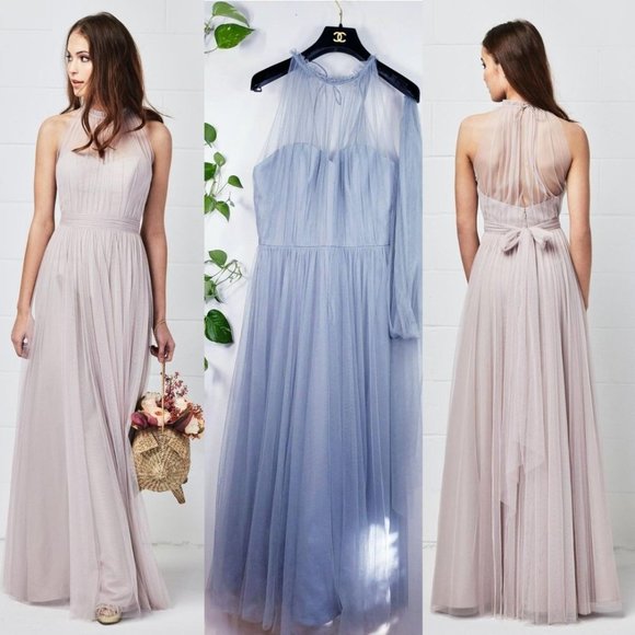 BHLDN Dress 10 Grey Sweetheart Tulle Medium Bridesmaid Gown Scarf Belt W TOO - Picture 2 of 13